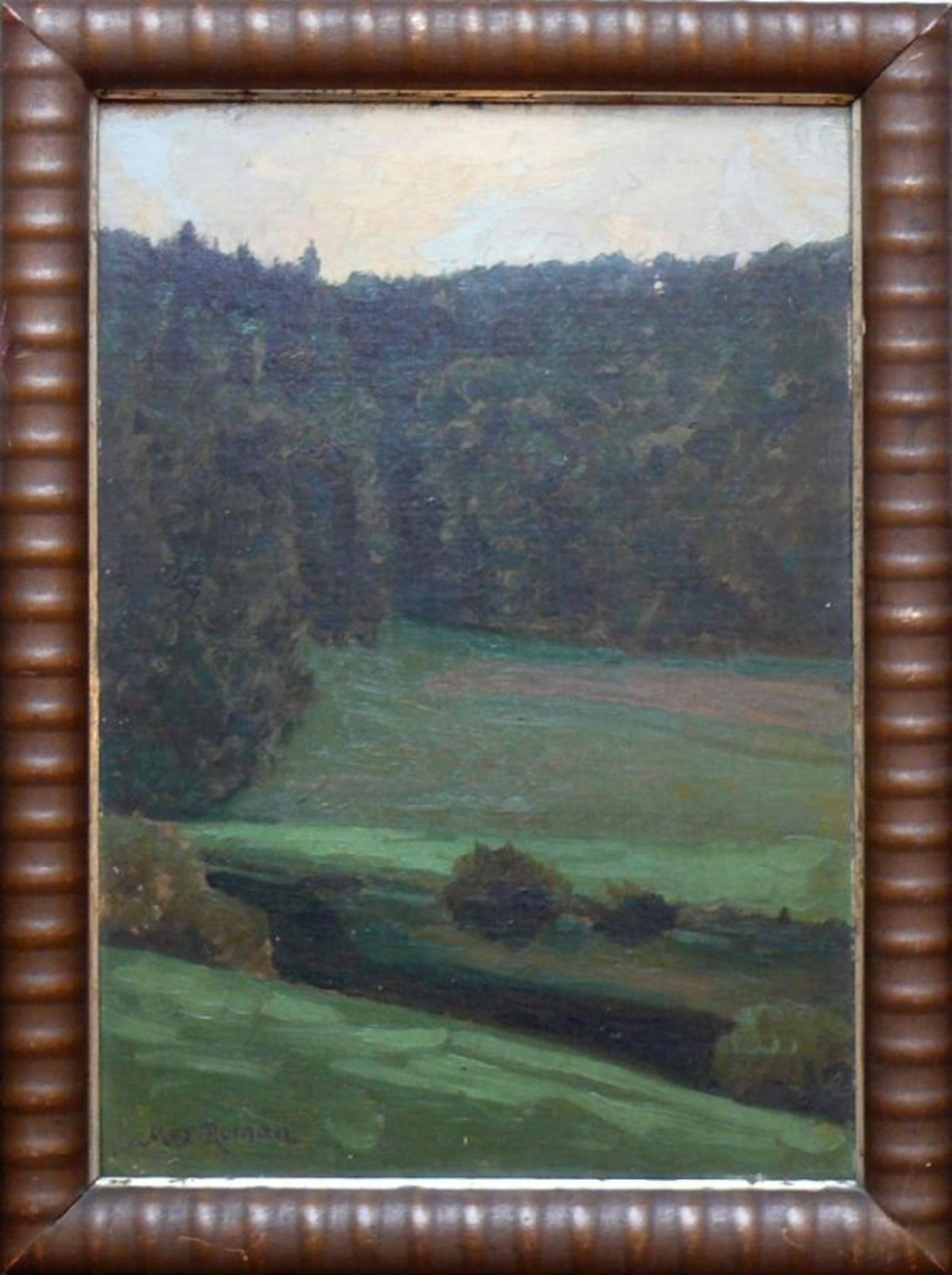 Roman, Max Wilhelm (1849 Freiburg - 1910 Karlsruhe)"Landschaft"; Blick über Wiese auf Wald; ÖL/