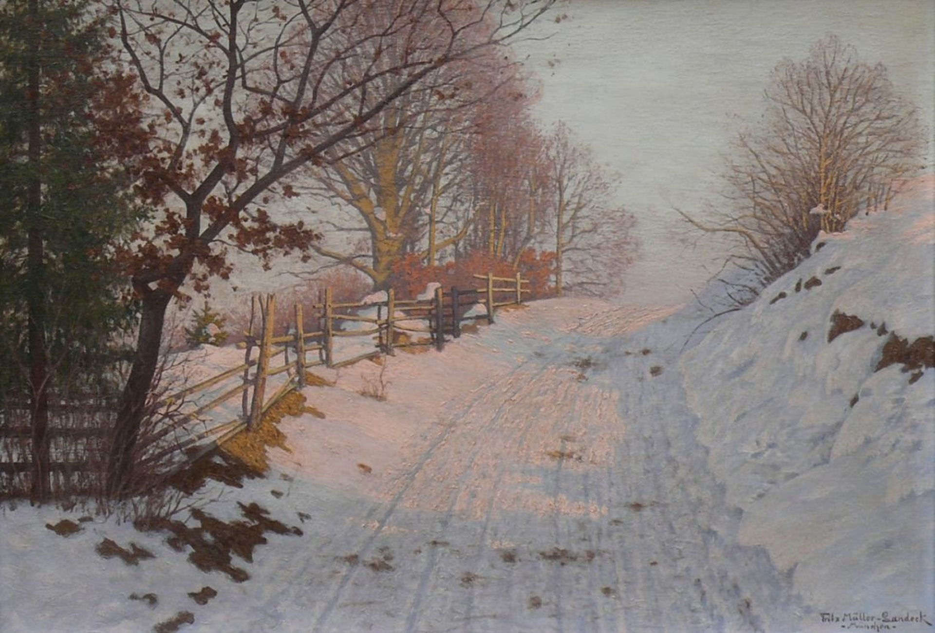 Müller-Landeck, Fritz (1865 Pinnow - 1942 Lenggries)"Sonniger Wintertag"; Landschaft mit - Bild 2 aus 4