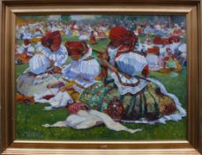 Vasek, E. (20.Jh.)"Trachtenfest"; unzählige Frauen in bunter Tracht auf Wiese sitzend; sommerliche