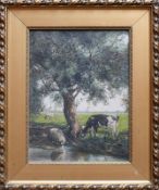 Anonym (um 1900)"Kuh und Schaf an Flussufer" unter großem Baum; im Hintergrund weite