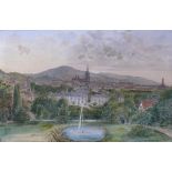 Loser, Aug.V. (um 1900)"Blick auf Freiburg" von einer Anhöhe aus Sicht über Park mit Brunnen und