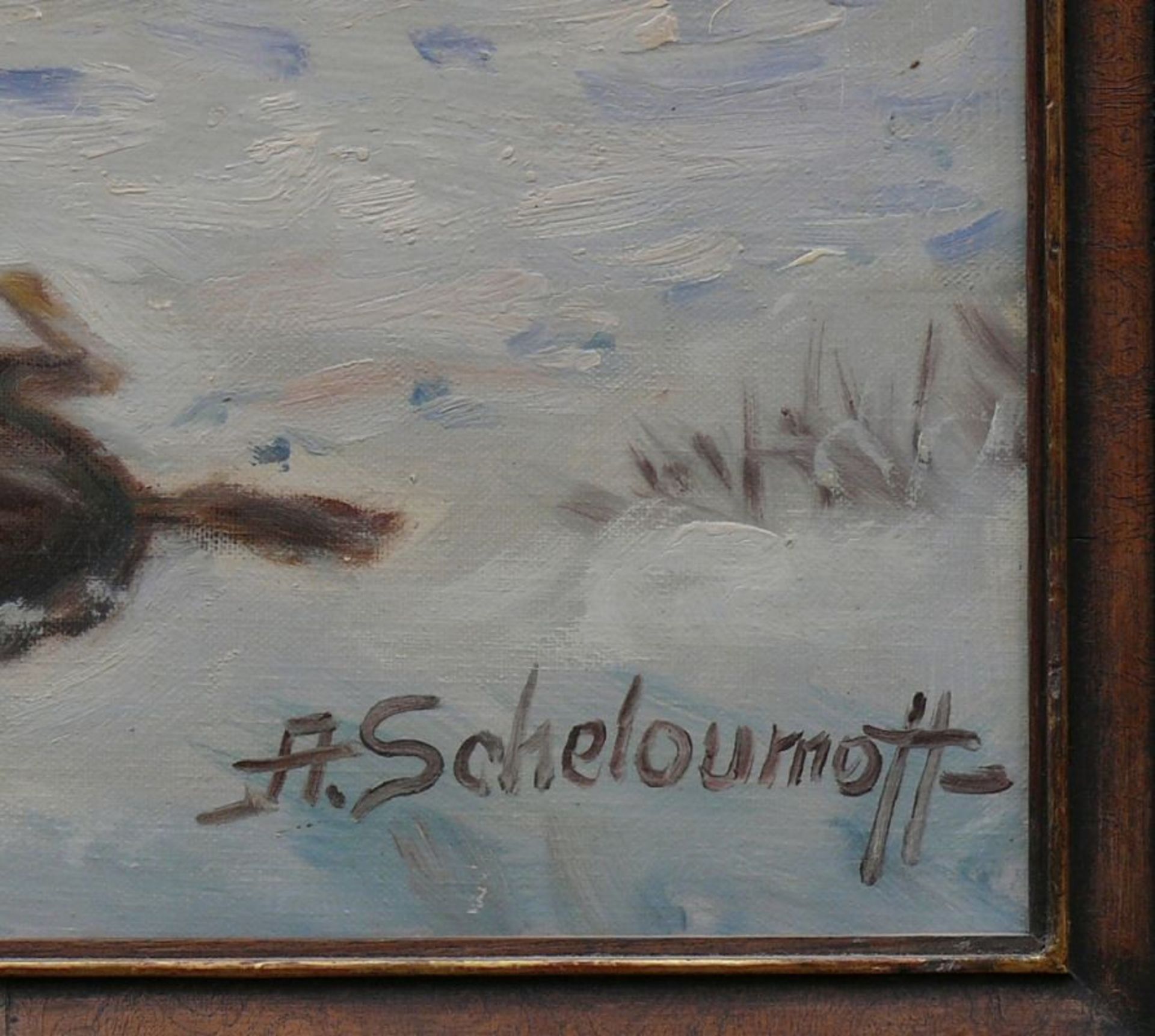 Scheloumoff, Athanas (1892 Kamenetz-Podolsk - 1983 Starnberg)"Treibjagd in Winterlandschaft"; Troika - Bild 3 aus 4