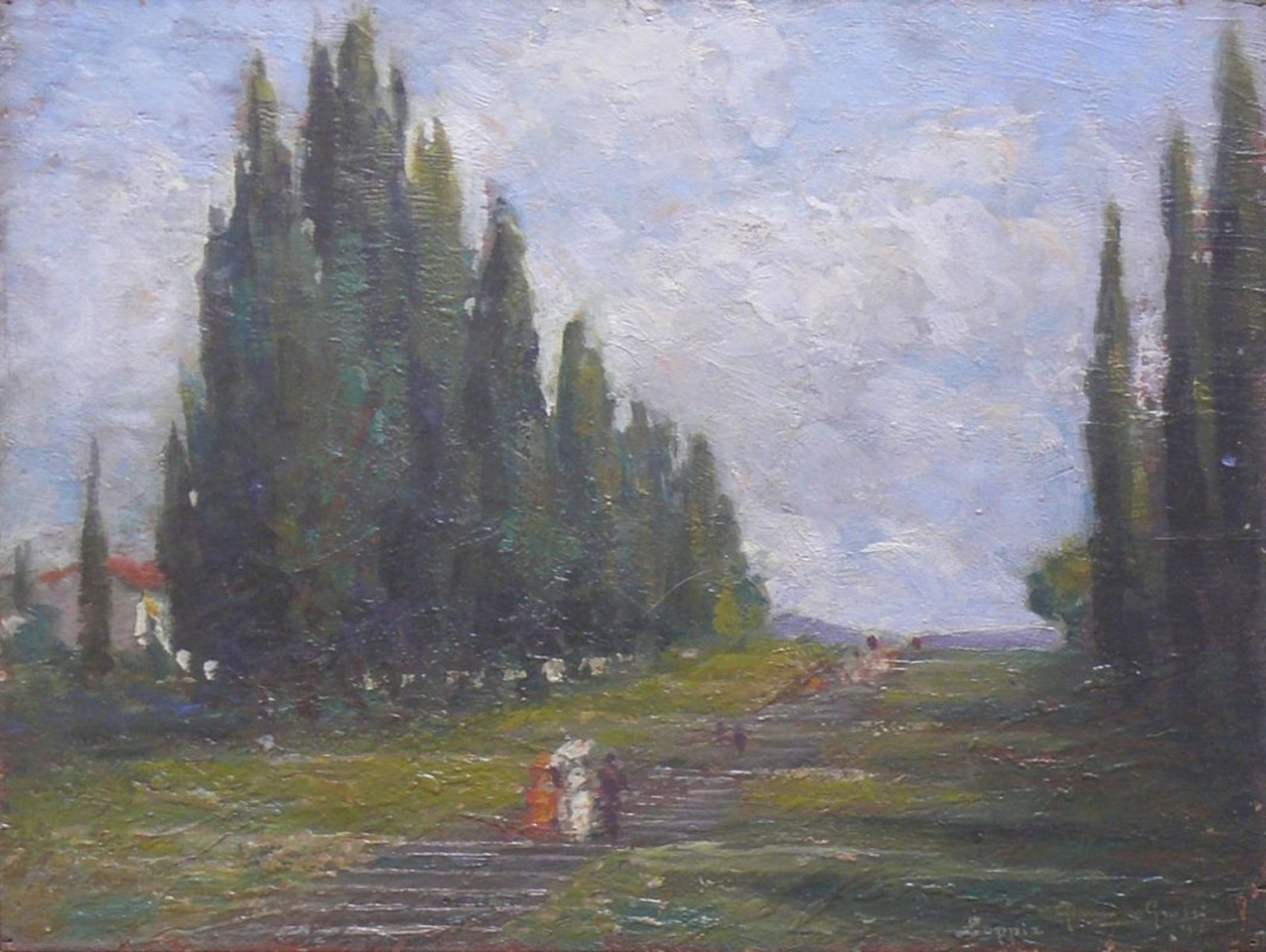 Grossi, Giannino ( 1889 - 1969)"Spaziergänger mit Sonnenschirm" in einem Park am Comersee " - Bild 2 aus 3