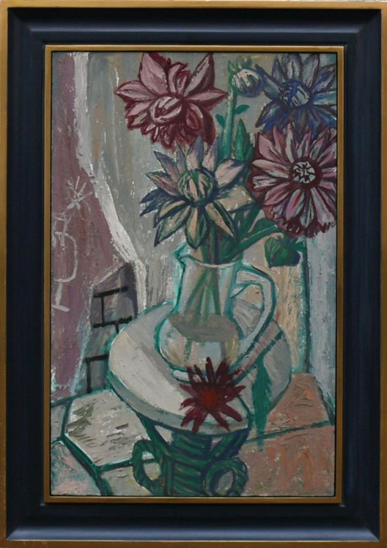 Hubbuch, Karl (1891 Karlsruhe - 1979)"Blumenstillleben" mit Dahlien in Glasvase auf einem Tisch;