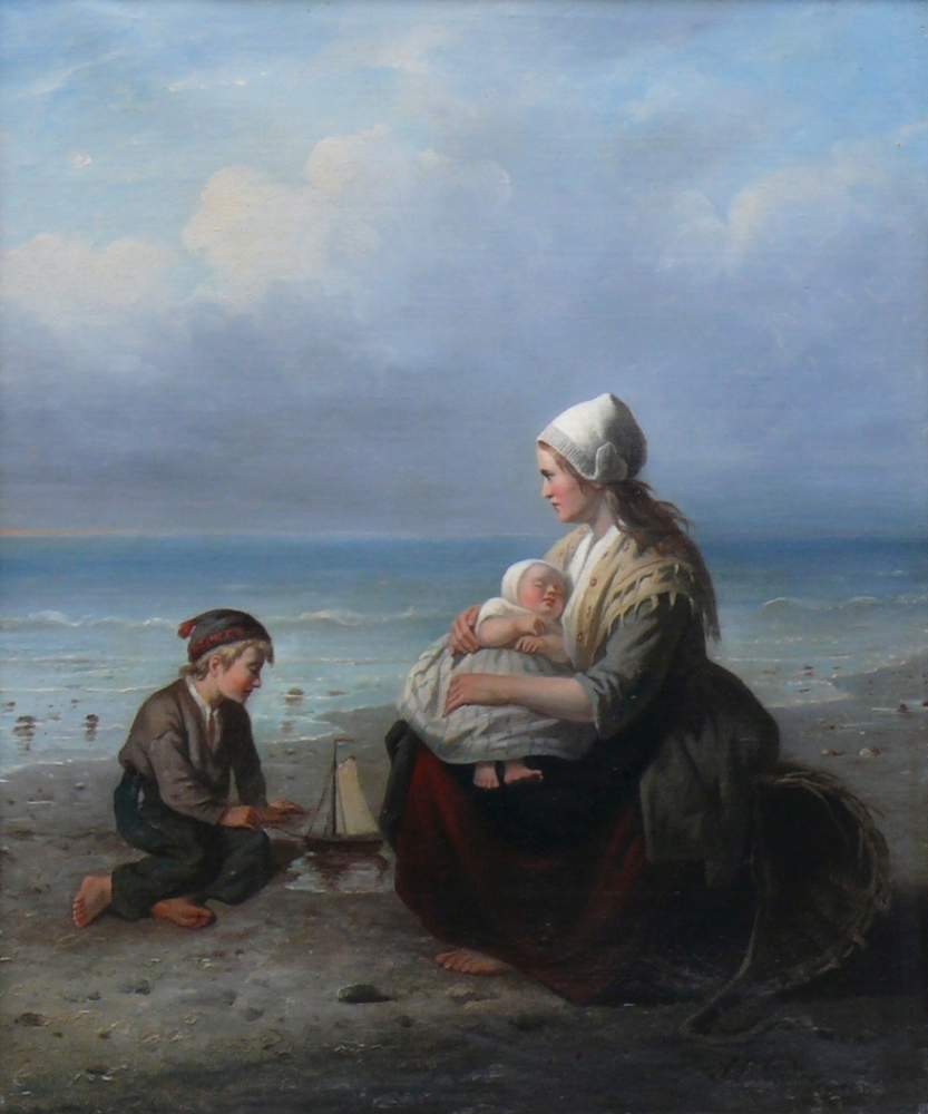 Anonym (19.Jh.)"Junge Frau am Meerufer sitzend"; im Arm hält sie ein Baby umschlossen; vor ihr ein - Image 2 of 6