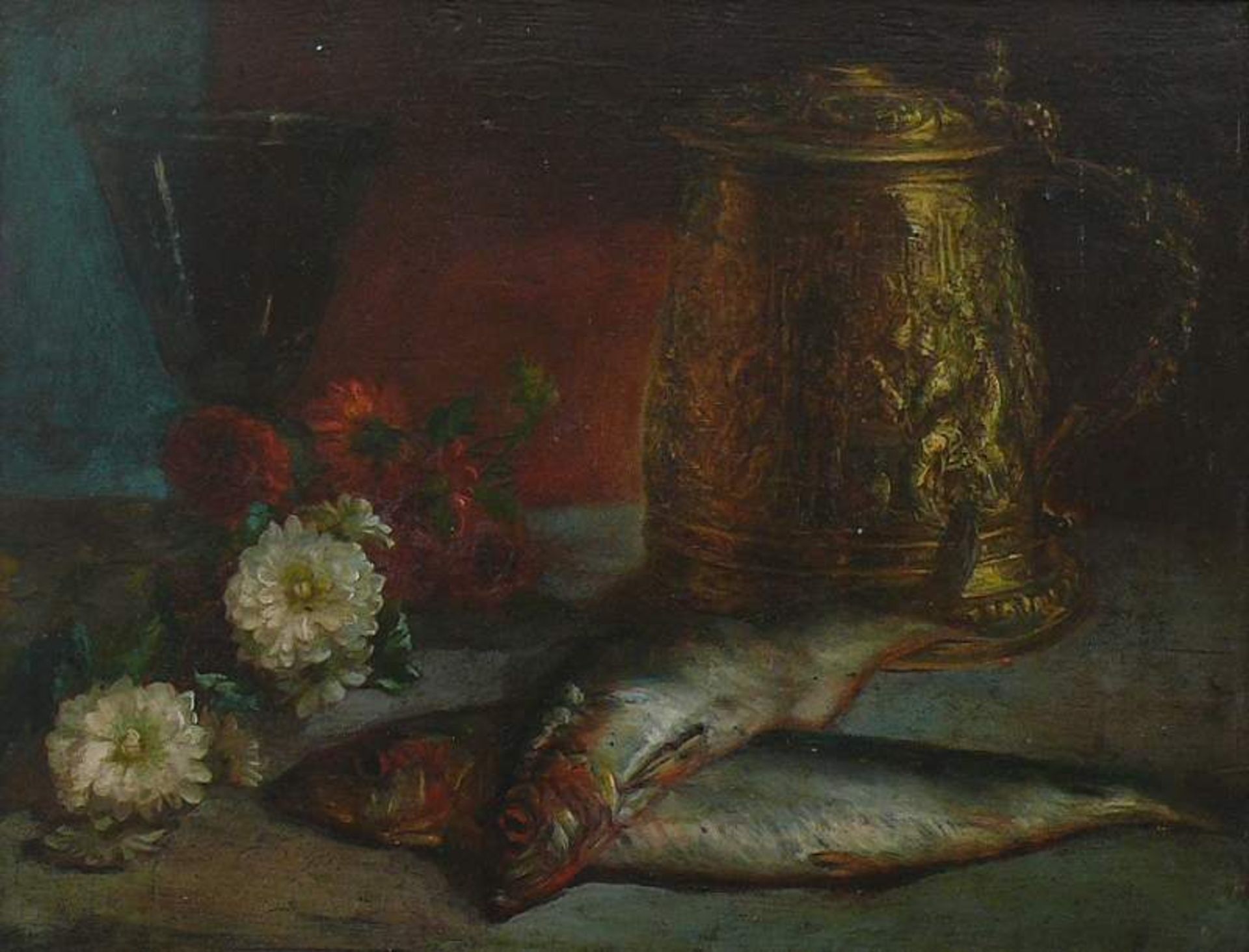 Anonym (19.Jh.)"Stillleben" mit Fischen, Blumen, Glas und Henkelkrug; ÖL/Holz; 27,5 x 35,5 cm; - Bild 2 aus 3