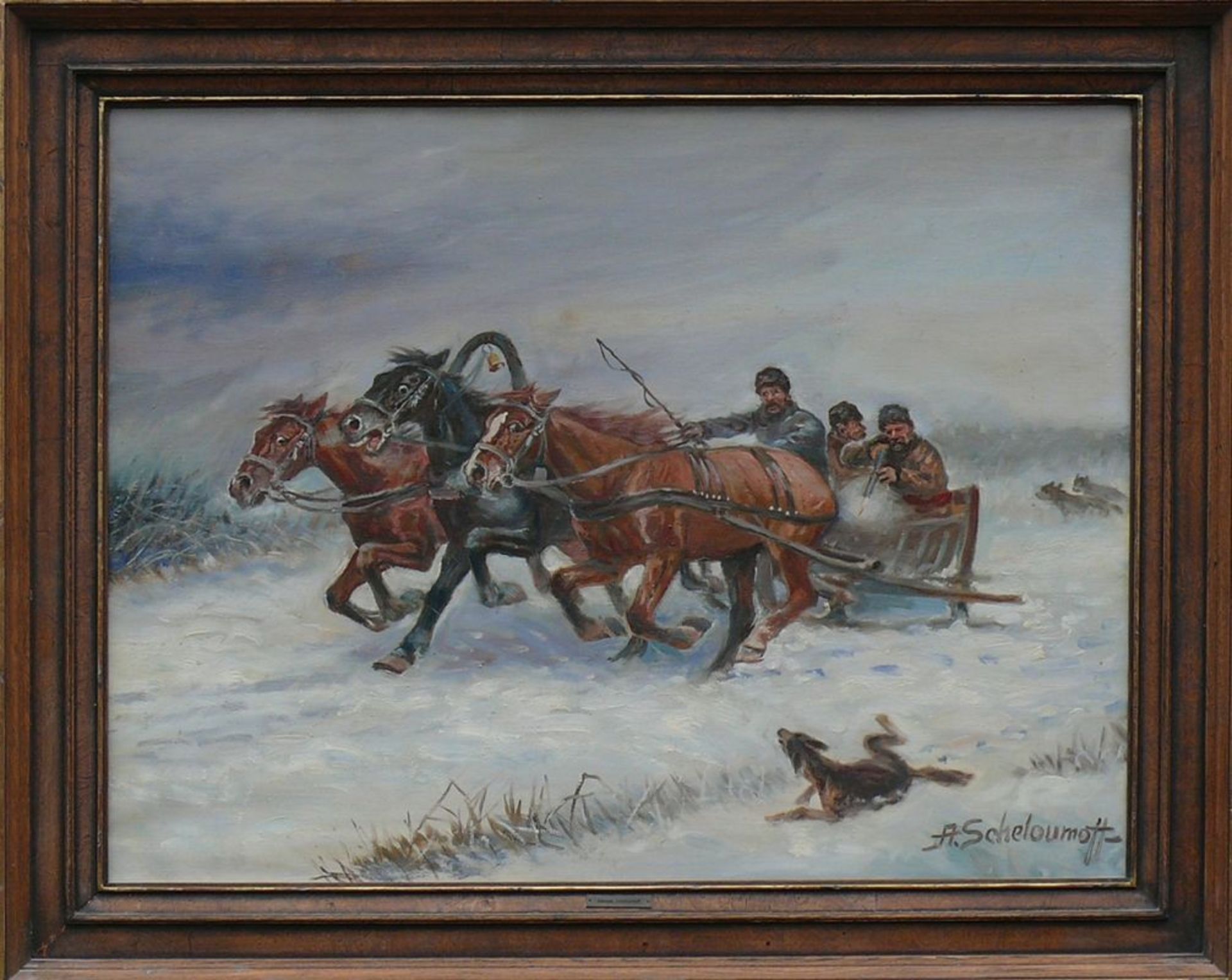 Scheloumoff, Athanas (1892 Kamenetz-Podolsk - 1983 Starnberg)"Treibjagd in Winterlandschaft"; Troika