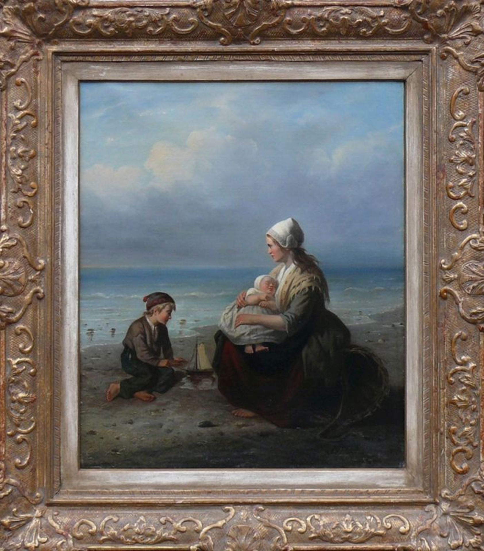 Anonym (19.Jh.)"Junge Frau am Meerufer sitzend"; im Arm hält sie ein Baby umschlossen; vor ihr ein