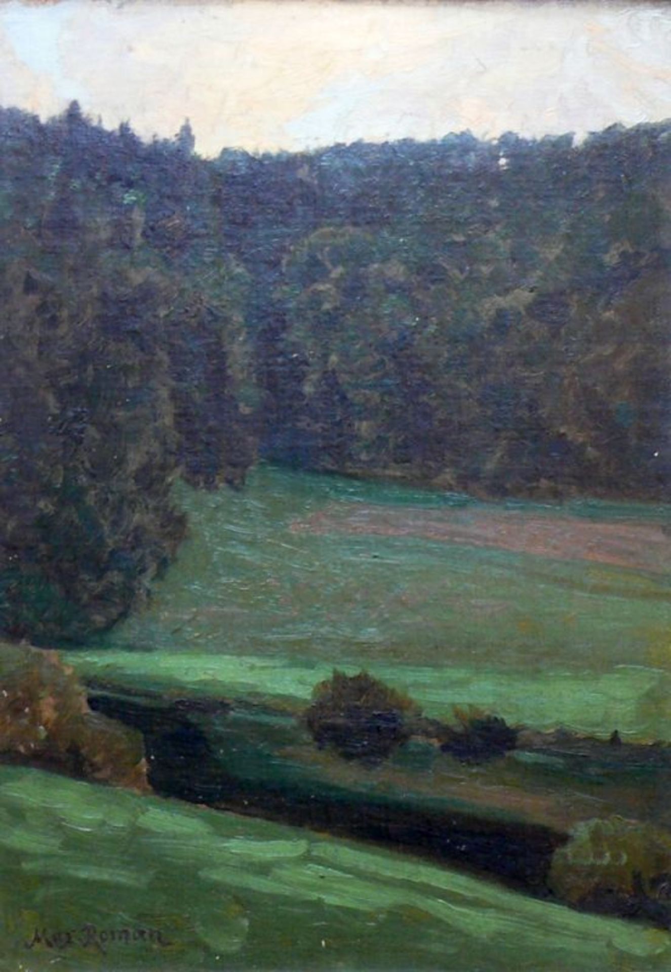 Roman, Max Wilhelm (1849 Freiburg - 1910 Karlsruhe)"Landschaft"; Blick über Wiese auf Wald; ÖL/ - Bild 2 aus 3