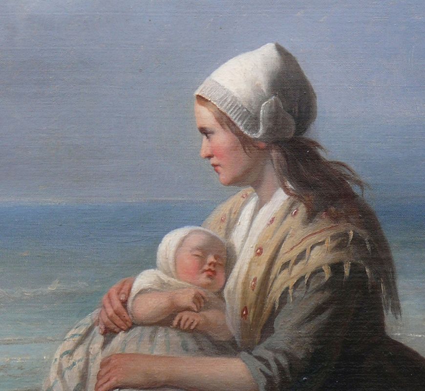 Anonym (19.Jh.)"Junge Frau am Meerufer sitzend"; im Arm hält sie ein Baby umschlossen; vor ihr ein - Image 3 of 6