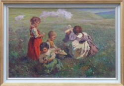 Jelinek, Rudolf (1880 Brünn/Tschechien - 1950)"Kindergruppe auf Sommerwiese" beim Pflücken von