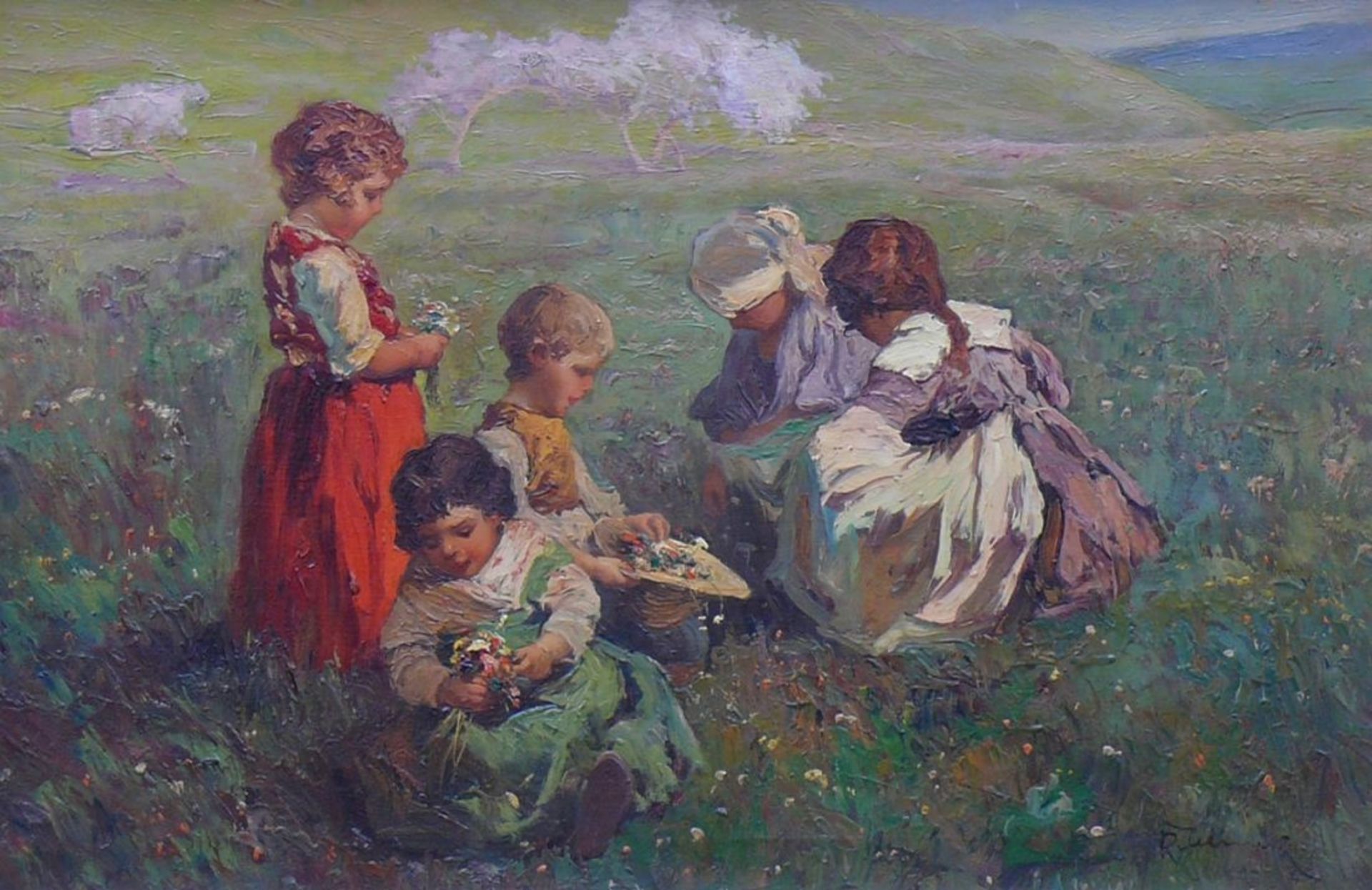 Jelinek, Rudolf (1880 Brünn/Tschechien - 1950)"Kindergruppe auf Sommerwiese" beim Pflücken von - Bild 2 aus 4