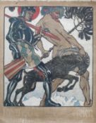 Mangold, Burkhard (1873 Basel - 1950)"Mann mit Steinbock und Soldat"; farbiges Plakat; Litho; im