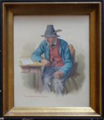 Krämer, Peter II (1857 Philadelphia - 1936 Dießen)"Alter Mann" auf Holzstuhl an einem Tisch sitzend;