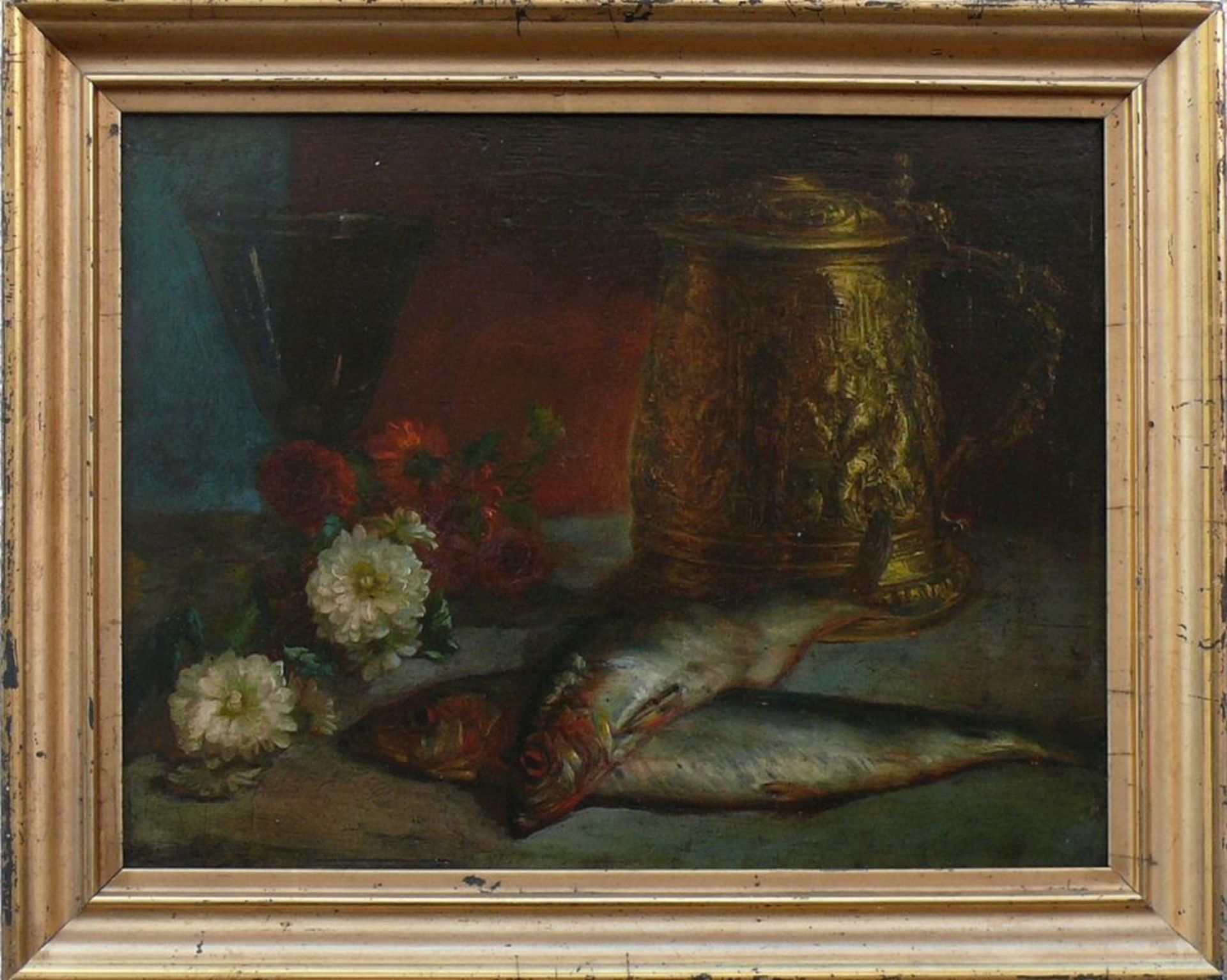 Anonym (19.Jh.)"Stillleben" mit Fischen, Blumen, Glas und Henkelkrug; ÖL/Holz; 27,5 x 35,5 cm;