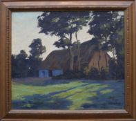 Wenzlaff, Max (Düren 1891 - 1974)"Blick auf Bauernhof"; Gebüsch und Baumbestand; im Vordergrund