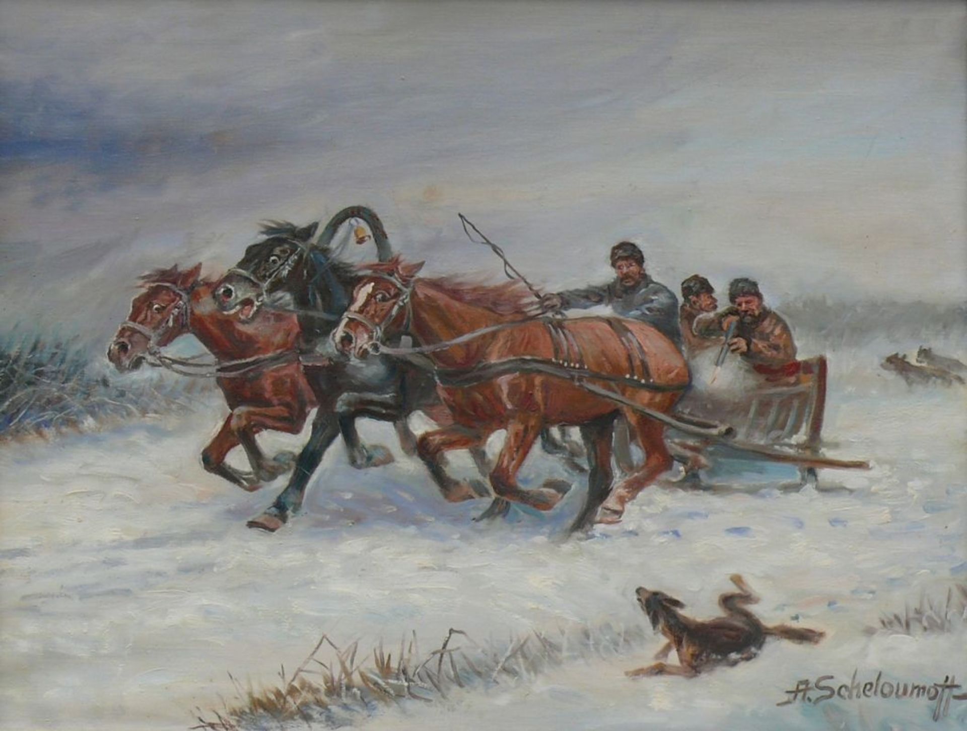 Scheloumoff, Athanas (1892 Kamenetz-Podolsk - 1983 Starnberg)"Treibjagd in Winterlandschaft"; Troika - Bild 2 aus 4