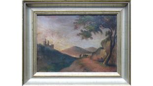 Italienische Schule (19.Jh.)"Landschaft" mit Bauer und Esel auf einem Weg; hügelige Landschaft mit