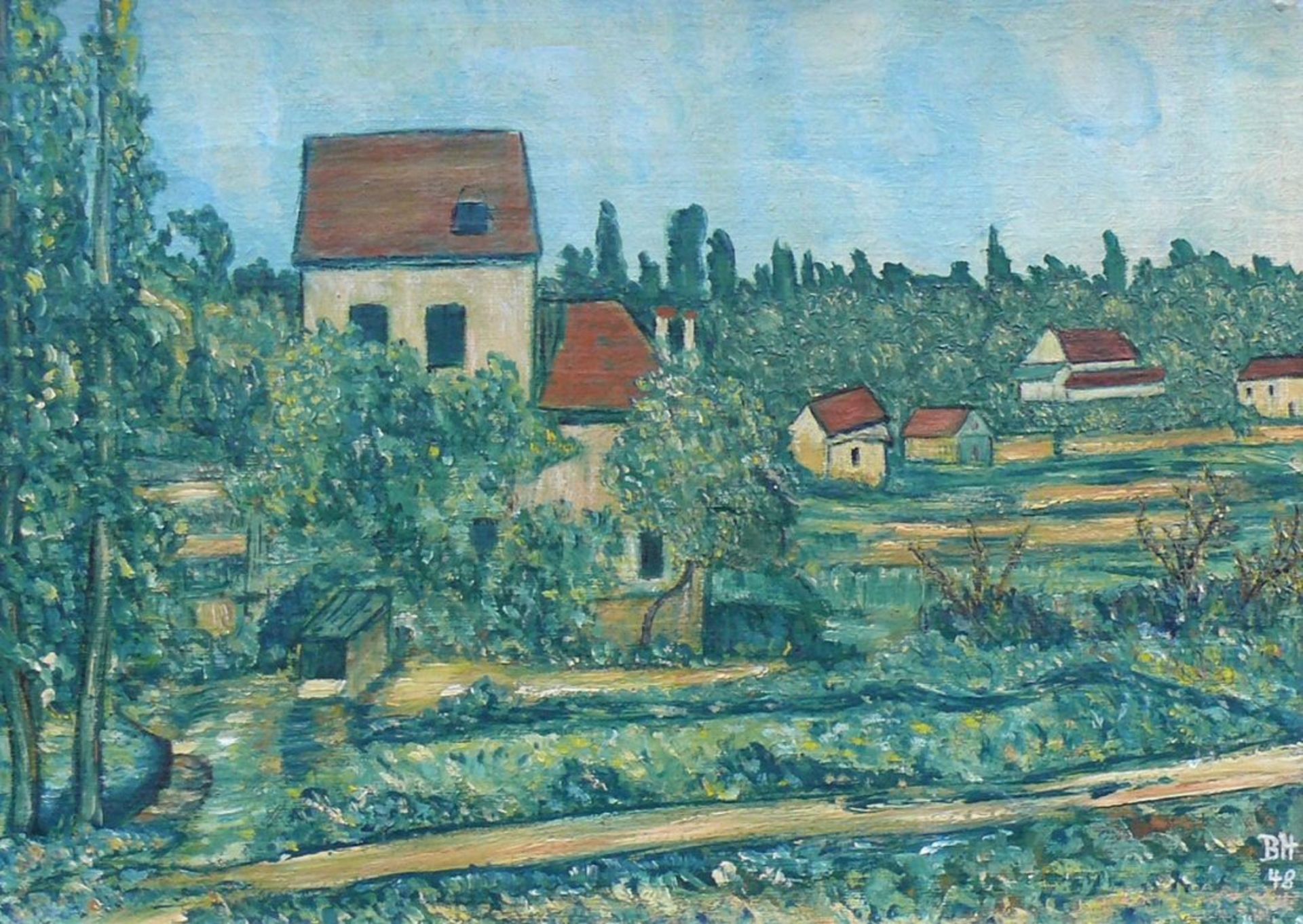 Hesse, Bruno (Gaienhofen 1905 - 1999)"Blick auf Häusergruppe" in baumbestandener Landschaft (Höri?); - Bild 2 aus 4