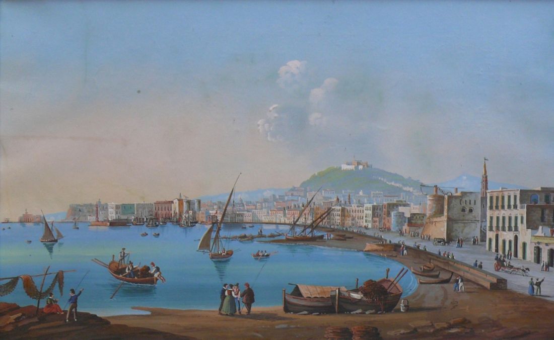 Italienischer Vedutenmaler (Anfg. 19.Jh.)"Napoli dal Carmina"; vielfigurige Szenerie am Hafen mit