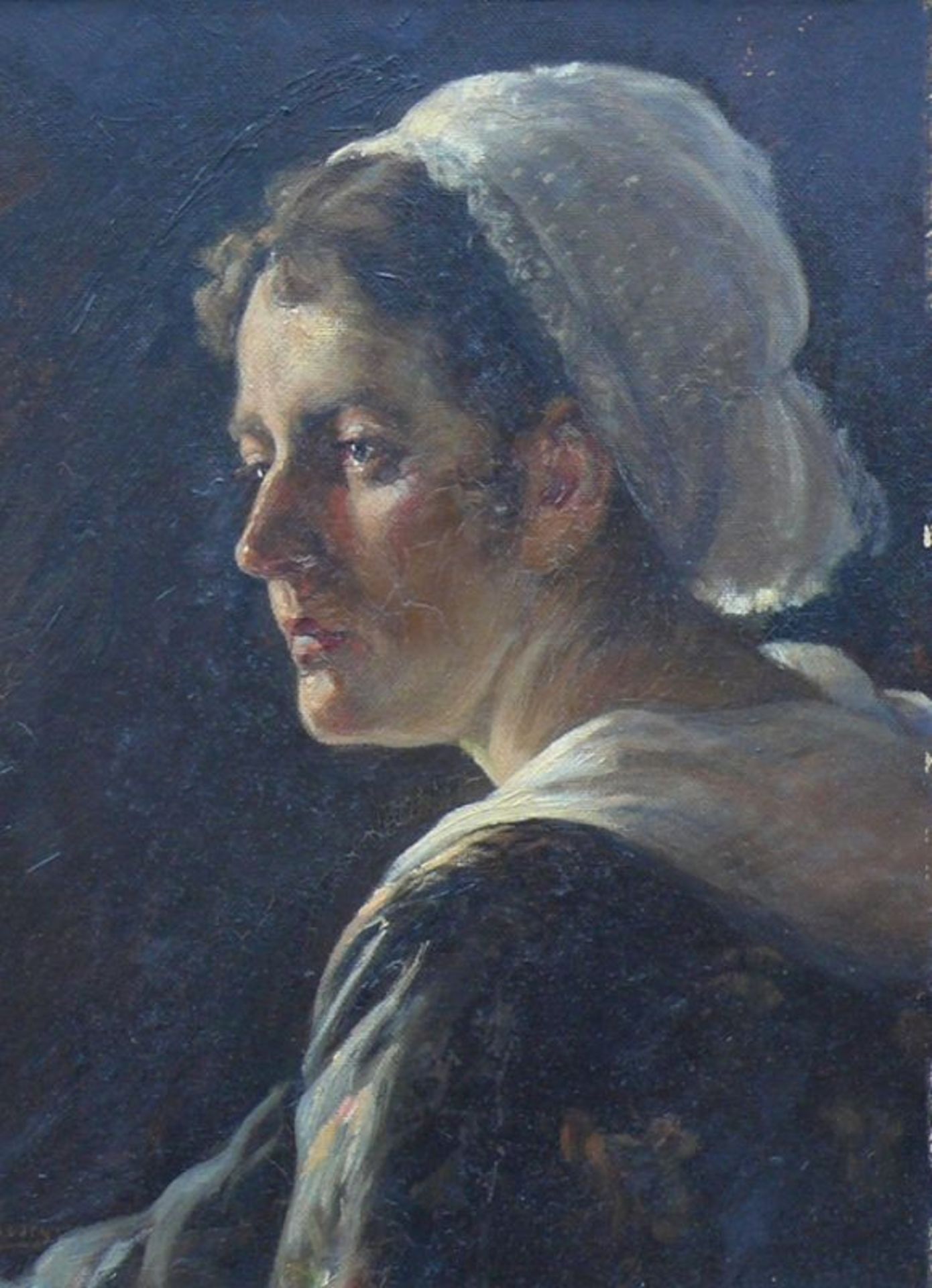 George (Norddeutsch/Holland, 19./20.Jh.)"Frauenportrait" von der Seite; Trachtenkleidung; ÖL/ - Bild 2 aus 4