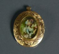 Brosche14ct GG; mittig ovales Frauenportrait; mit Anhänger und Nadelschließe; brutto: 12g; 5 x 4 cm