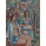 Adam, Otto (Konstanz 1901 - 1973) "Bad der Diana"; 3 Frauen auf Waldlichtung; im Hintergrund Rehe;