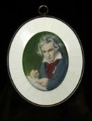 Miniaturist (20.Jh.) "Halbportrait Ludwig v. Beethoven"; Mischtechnik/Elfenbein; Beinrahmen;