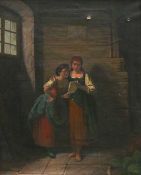Anonym (Mitte 19.Jh.) "Der Liebesbrief"; 2 junge Frauen in Raum einen Brief lesend; von links