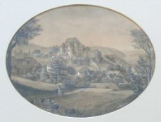 Moos, H. (um 1900) "Blick auf Schloss Randegg"; Bleistiftzeichnung, tlw. weiß gehöht; im Vordergrund
