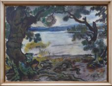Lange, Sigurd (1904 Pfullendorf - 2000) "Bodenseelandschaft"; Blick von Ufer aus auf den See und