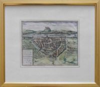 Würzburg (16.Jh.) Gesamtansicht; aus der Vogelperspektive; col. Holzschnitt mit Legende; ca. 20 x 24