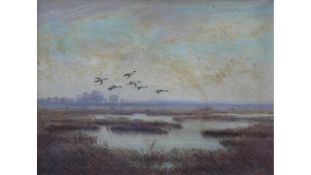 Widder, Fred (20.Jh.) "Auffliegende Wildentenschar" über Teichlandschaft mit Schild; ÖL/LW; rechts