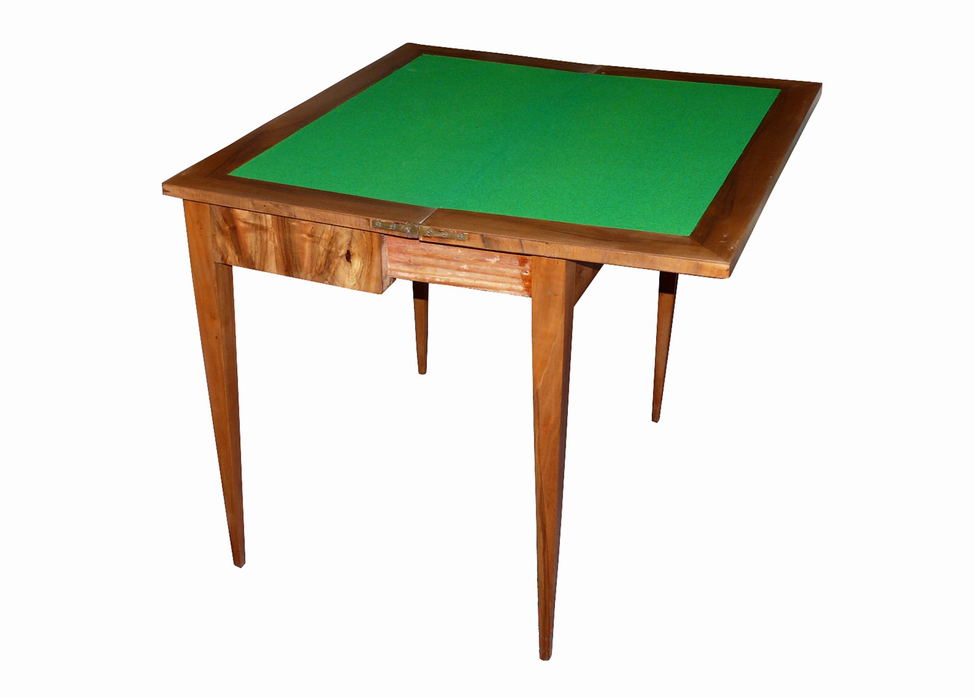 Konsol/Spiel-Tisch (1.H.19.Jh.) Nussbaum; hohe, spitz zulaufende Beine; Schubladenteil mit Beinen