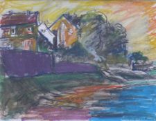 Hassebrauk, Ernst (Dresden 1905 - 1974) "Häuserzeile" am Ufer eines Gewässers; Pastell; rechts unten
