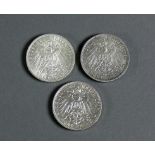 3 Silbermünzen jeweils Wilhelm II, König von Württemberg, 1911, 1913 und 1914