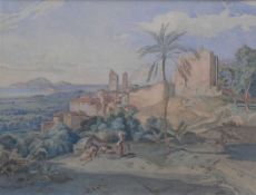 Anonym (19.Jh.) "Italienische Landschaft"; mehrere Personen vor Silhouette eines Ortes; weiter Blick