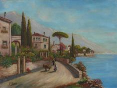 Toretti, Pietro (1888 - 1927) "Tessiner Landschaft" mit Blick auf Ortschaft und Personen auf einem