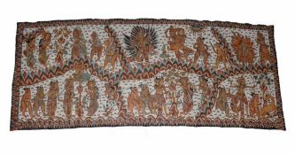 Decke/Tuch (Südostasien, Bali) bemaltes Stofftuch mit div. Kult-Szenen (Personendekor); ca. 210 x 85