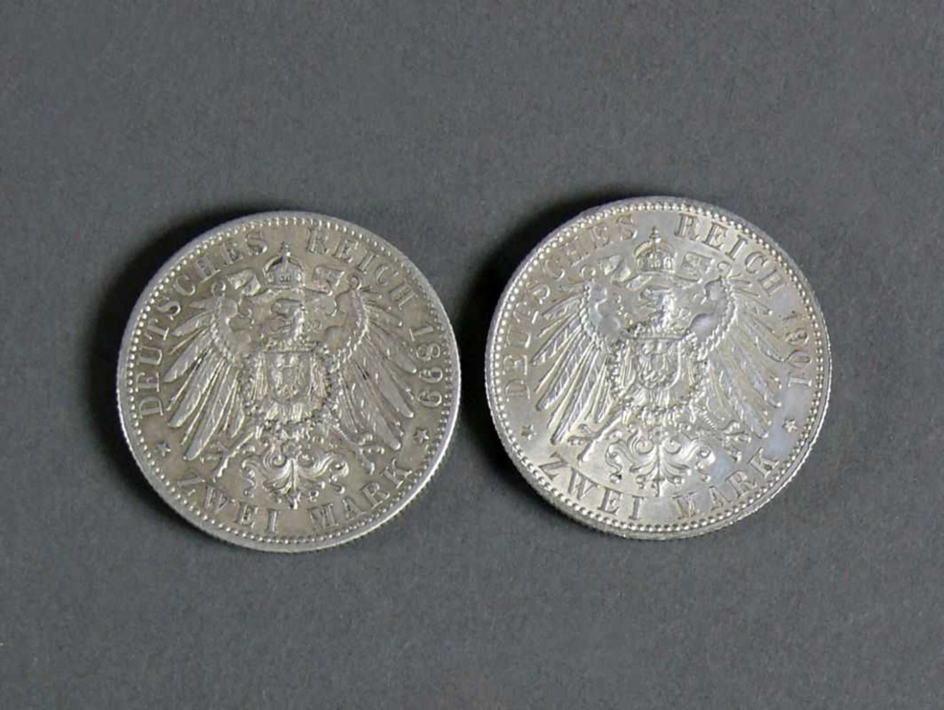 2 div. Silbermünzen Zwei Mark Friedrich I 1701/Wilhelm II 1901; Zwei Mark Wilhelm II, König von - Bild 2 aus 2
