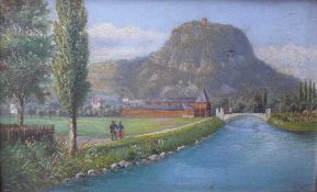 Deutsche Schule (um 1900) "Singen mit Hohentwiel"; Spaziergänger an der Aach mit Blick auf