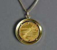 Medaille-Anhänger an Kette Kette und Fassung in 14ct GG; Medaille gestempelt 986 (Kehl Stadt an