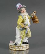 Porzellanfigur (Meissen) "Mäusefänger"; Junge mit Stock bzw. Korb mit Mäusen haltend; farbige