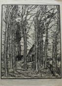 Böckstiegel, Peter August (1889 Arrode-Werther - 1951) "Bauernhof im Herbst"; Holzschnitt in