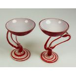 Paar MURANO-Aufsatzschalen (20.Jh.) farbloses Glas rot unterfangen; auf rundem Stand astförmiger
