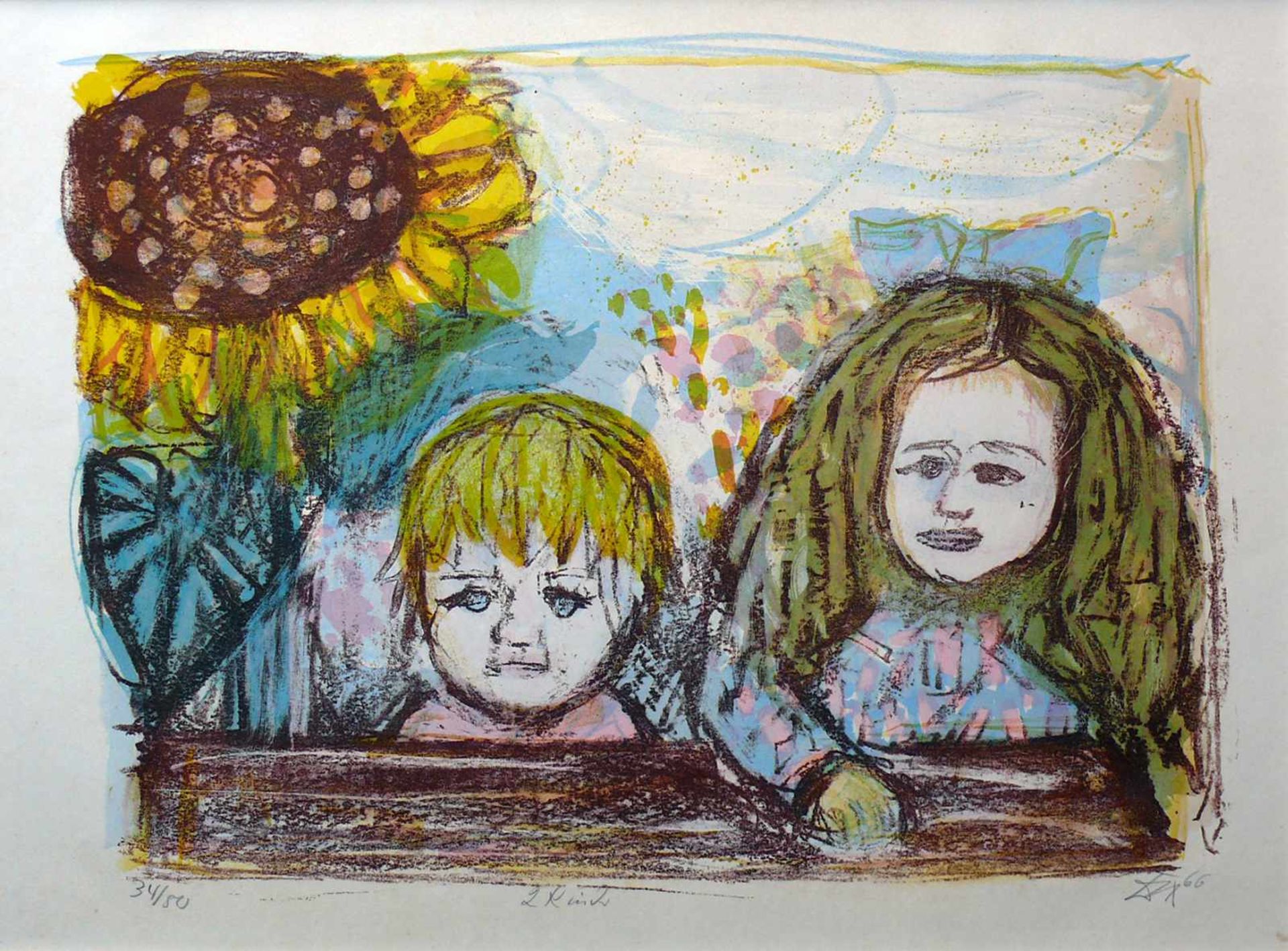 Dix, Otto (1891 Gera-1969 Singen) " 2 Kinder " mit Sonnenblume; Farblithographie 1966 in 7 Farben;