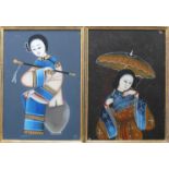 2 Japan-Bilder jeweils farbige Frauendarstellung hinter Glas gerahmt; je ca. 50 x 34 cm