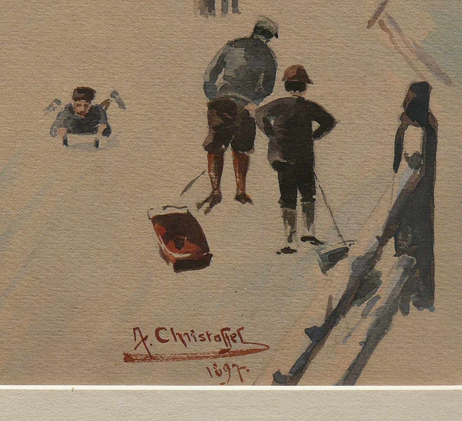 Christoffel, Anton (1871 - 1953 Zürich) "Winter in St. Moritz"; mehrere Personen auf Weg zur - Bild 3 aus 3
