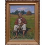 Bukowski, W. (1.H.20.Jh.) "Junger Mann im Gras sitzend"; Öl/Karton; signiert; R; ca. 52 x 37 cm;