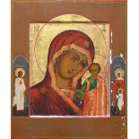 Ikone (Russland, 19.Jh.) Mutter Gottes mit Christus; flankiert von einem Engel sowie Heilige mit